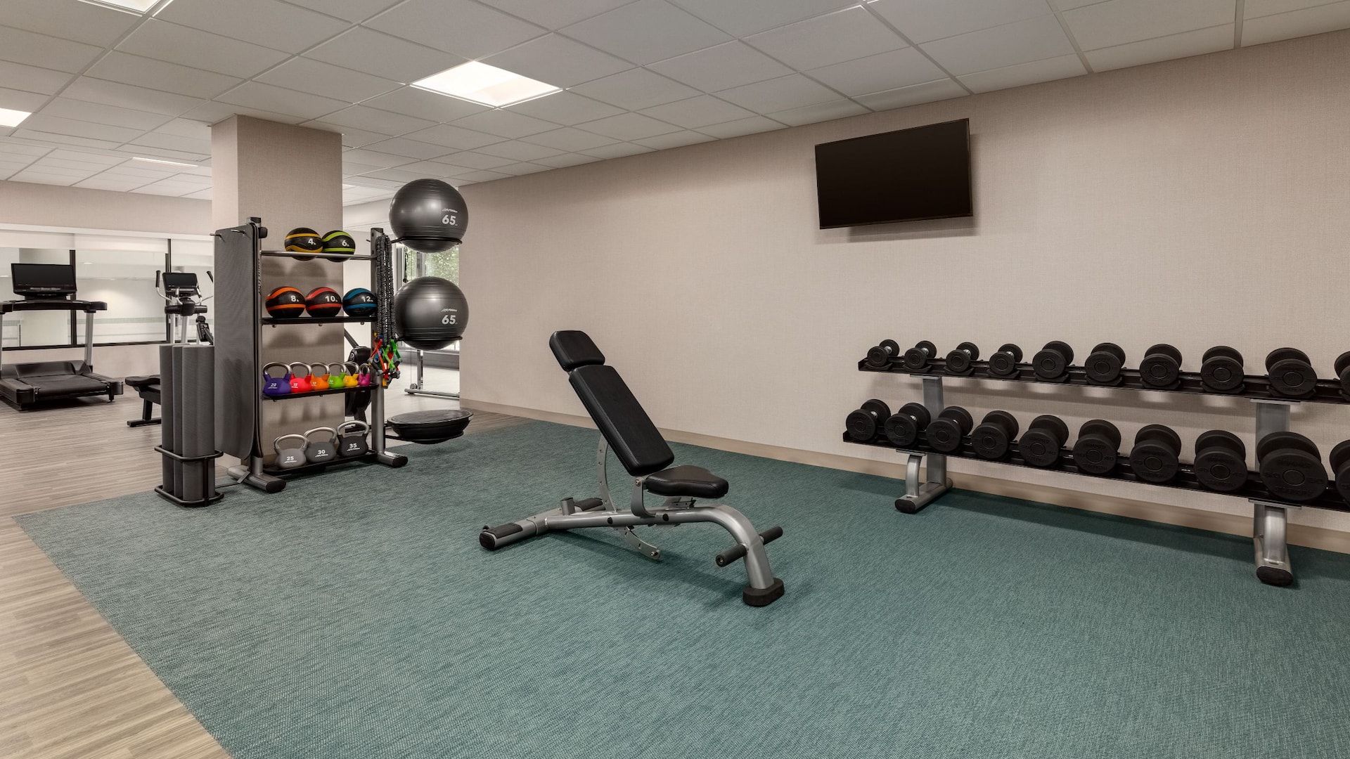 Hyatt Place Bloomington Fitness Center Bench Dumbbells Medicine Balls