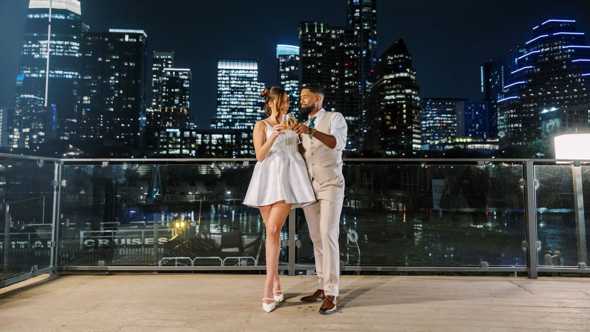 Hyatt Regency Austin Wedding Couple Balcony Night