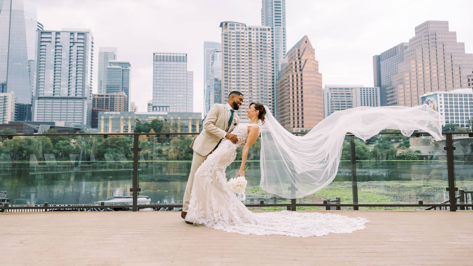 Hyatt Regency Austin Wedding Couple Veil City Background