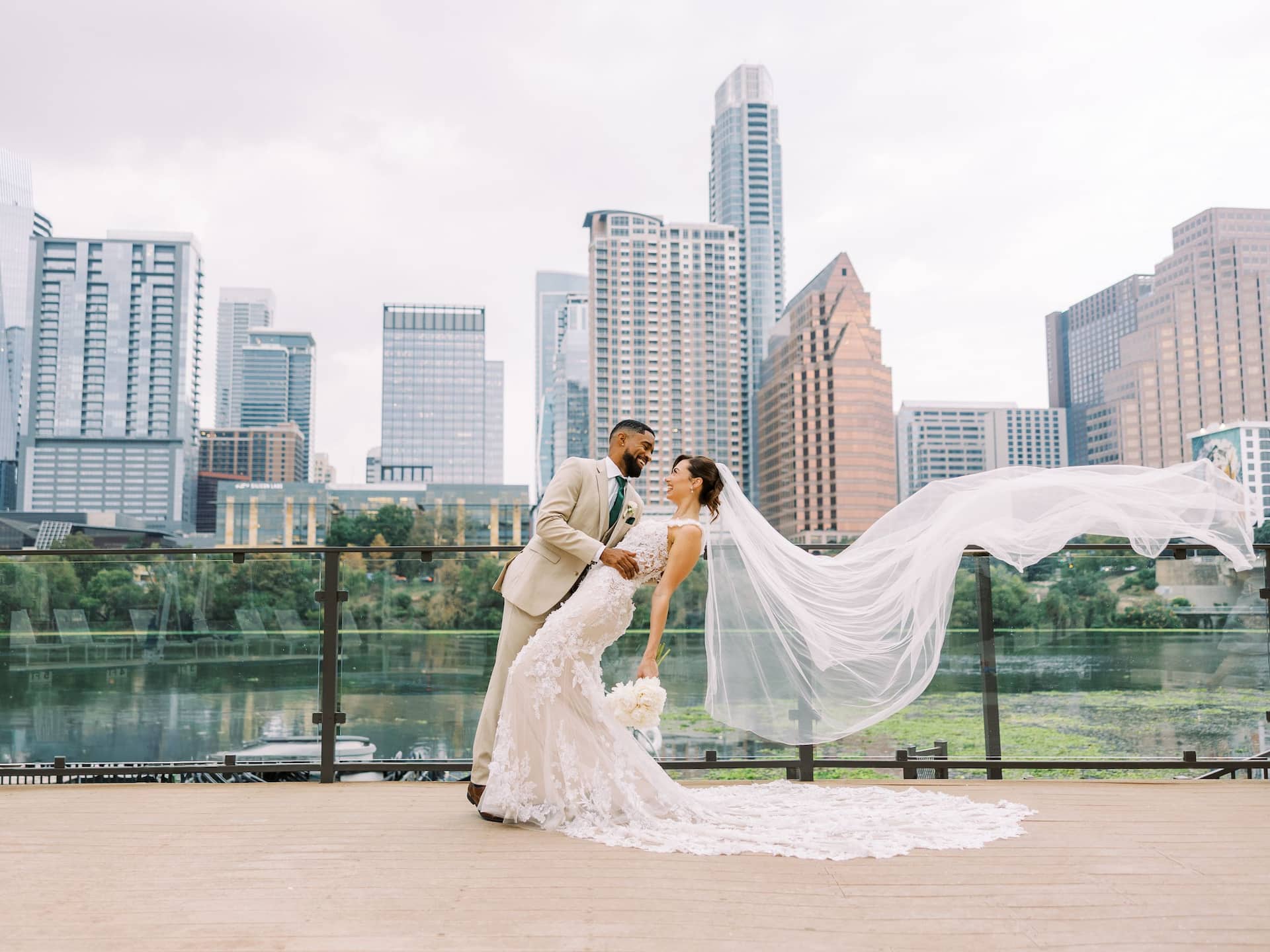 Hyatt Regency Austin Wedding Couple Veil City Background