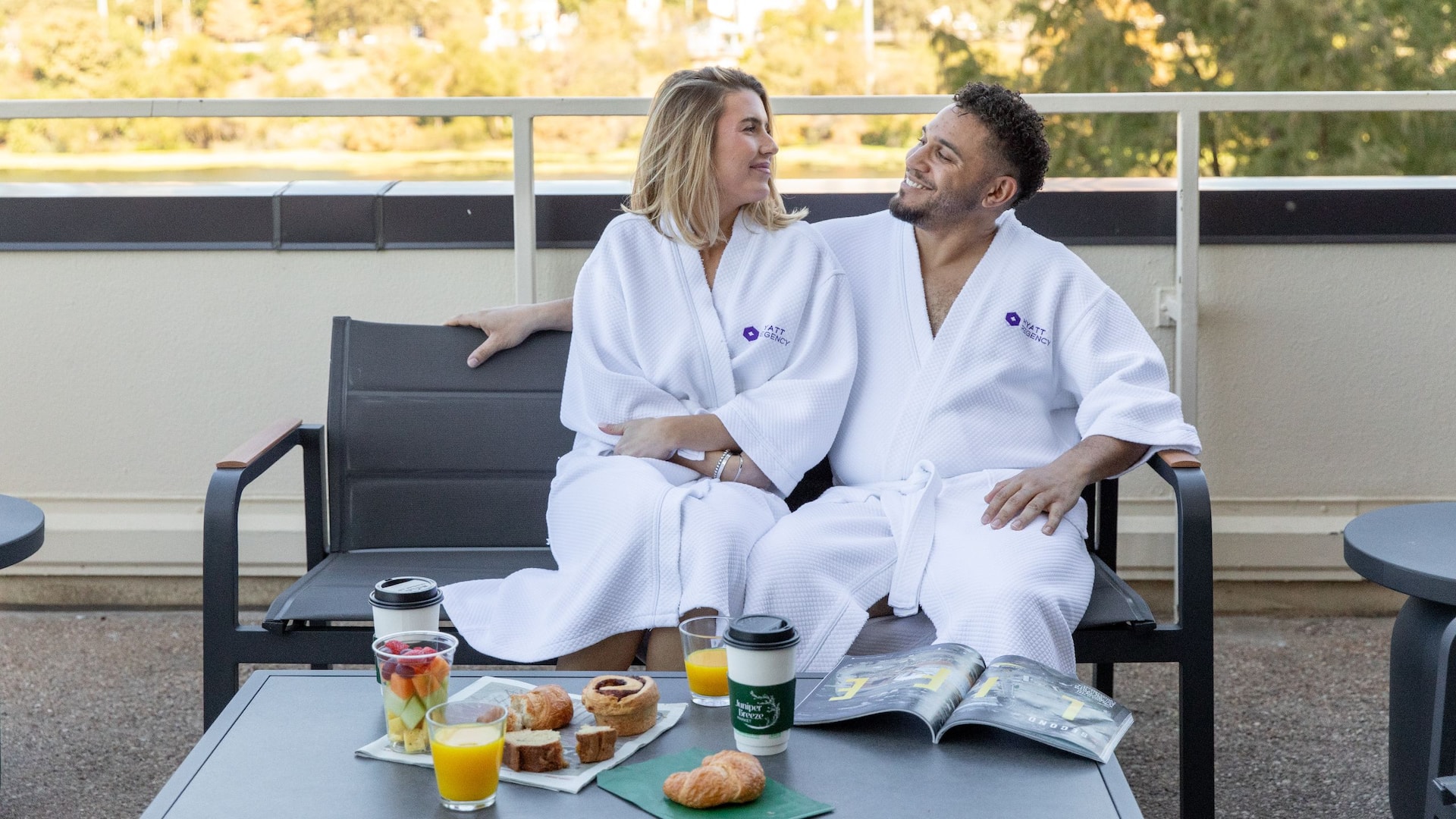 1 of 3 Hyatt Regency Austin Couple Robes Patio Room Breakfast