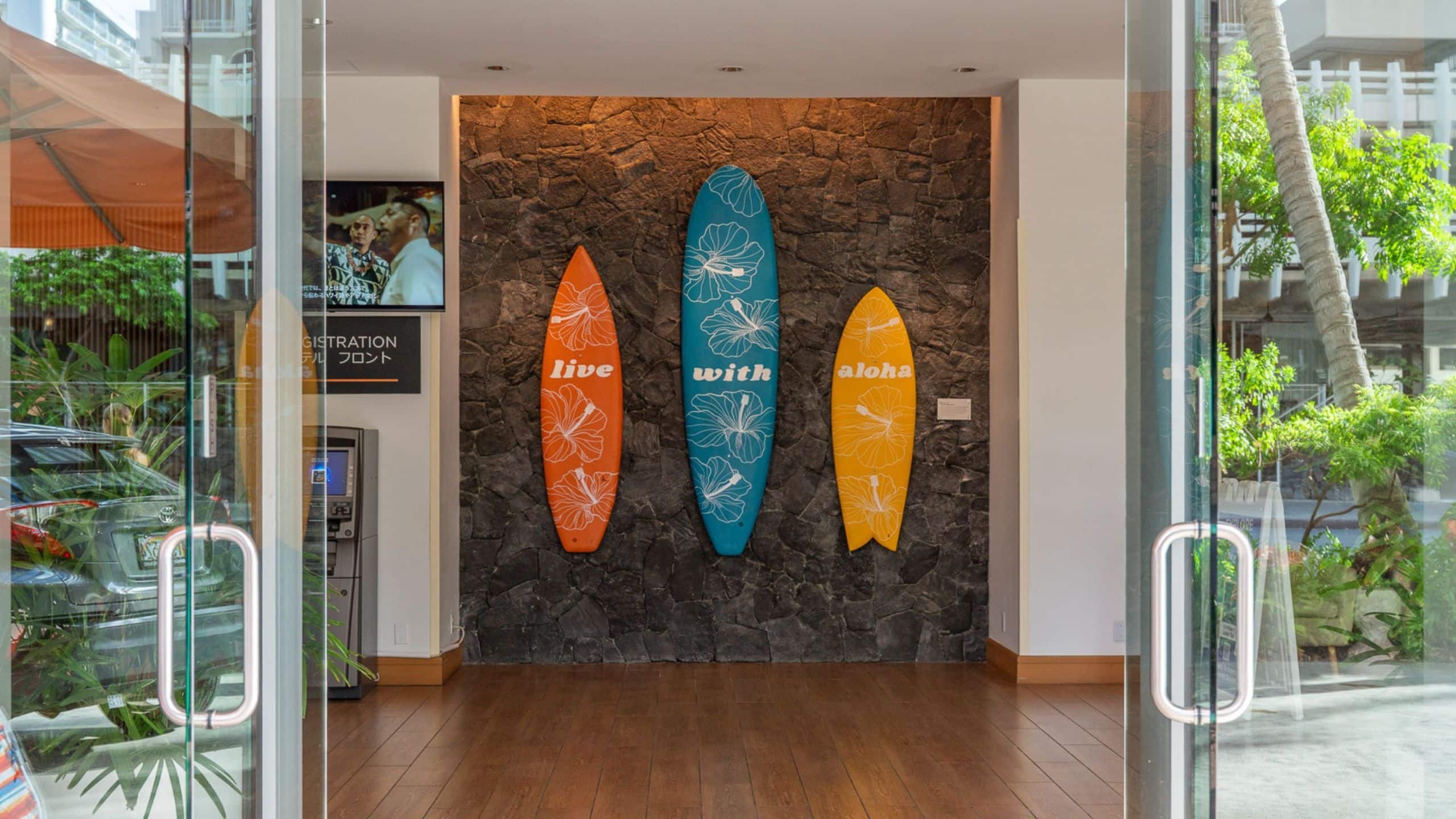 Hyatt Centric Waikiki Beach Hotel Entrance Three Surfboards Lobby