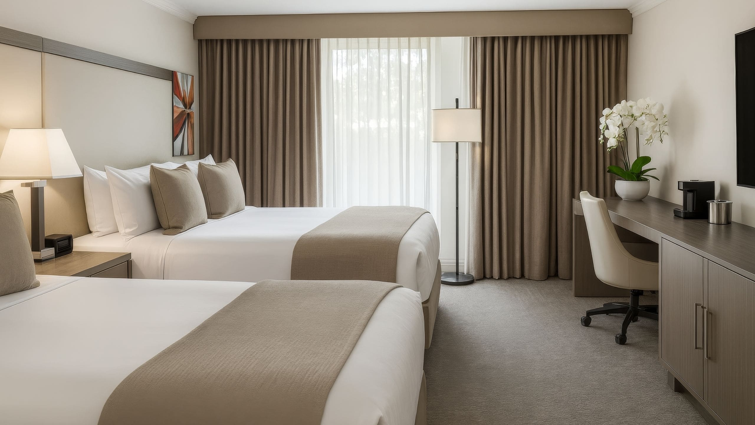 Ontario Airport Hotel and Conference Center Two Queen Beds Flowers On Desk