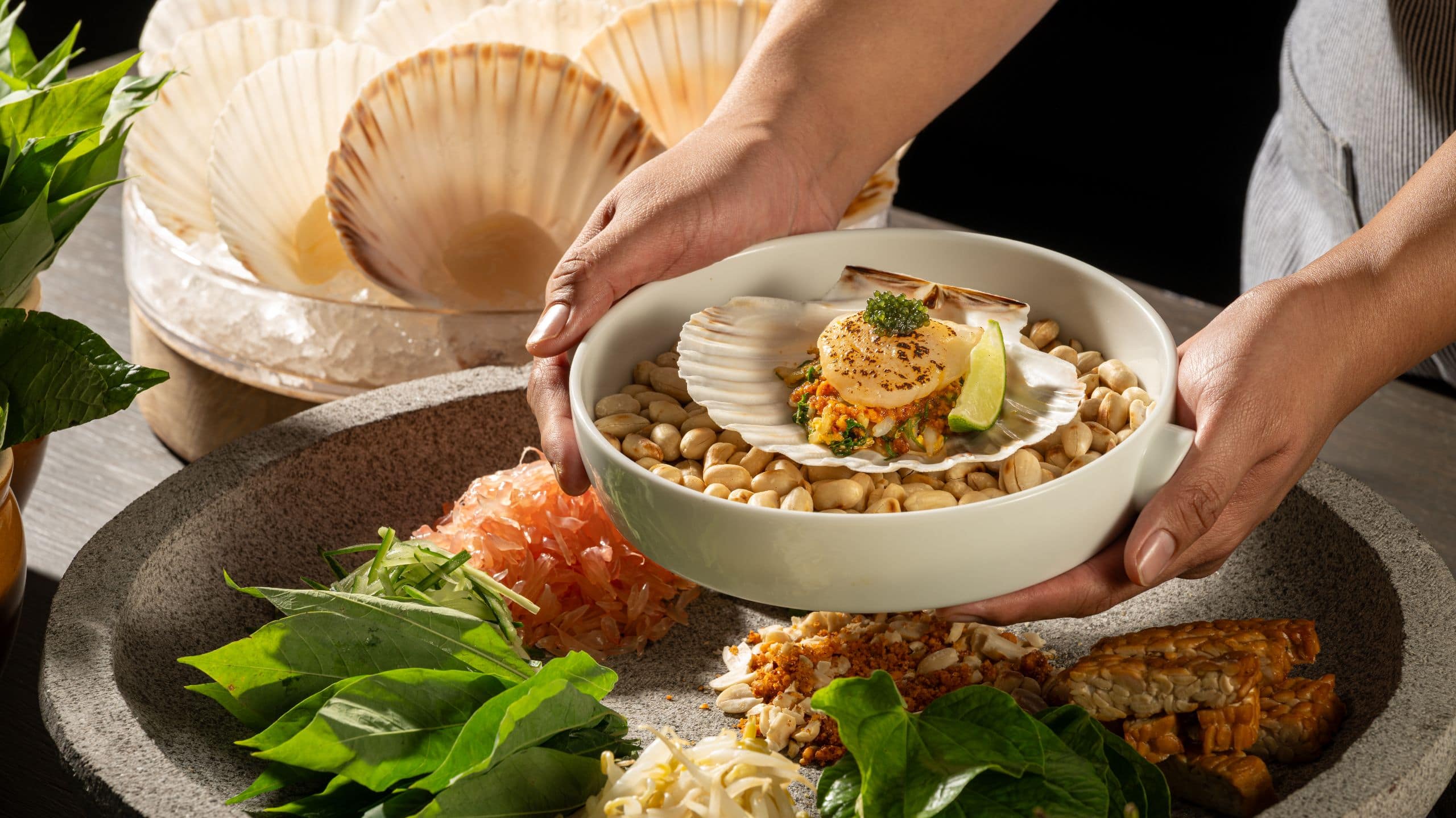 Park Hyatt Kuala Lumpur Ramadan Hands Serving Scallop Over Greens
