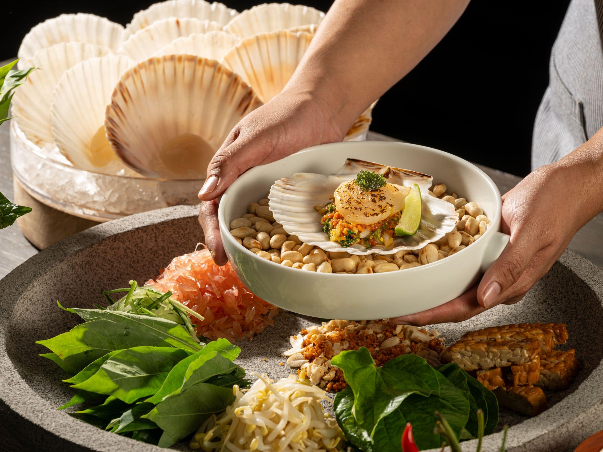 Park Hyatt Kuala Lumpur Ramadan Hands Serving Scallop Over Greens